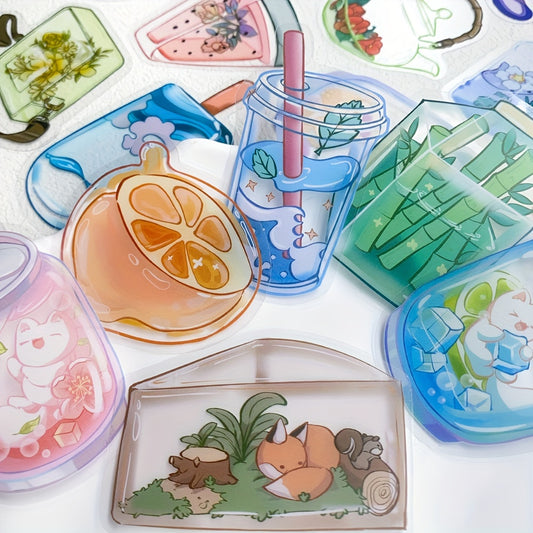 50pcs Transparent Objects Stickers Decals for Laptop Luggage Skateboard Helmet Guitar Cartoon PET Aesthetic Stickers Students Toys Gifts