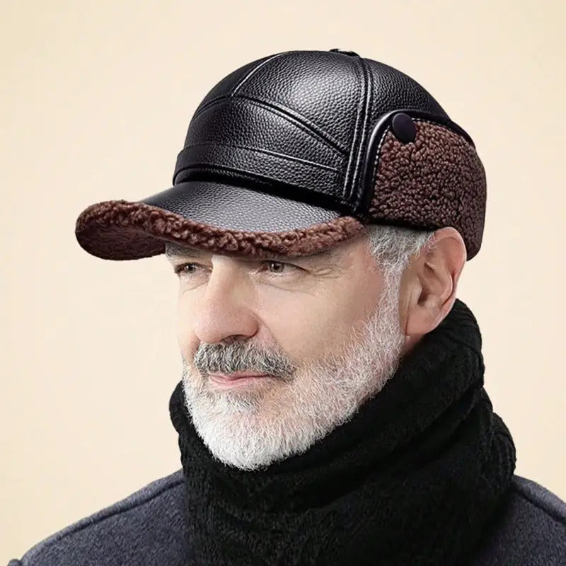 Men's Winter Warm Hat Thickened Ear Flap Cap with Faux Leather