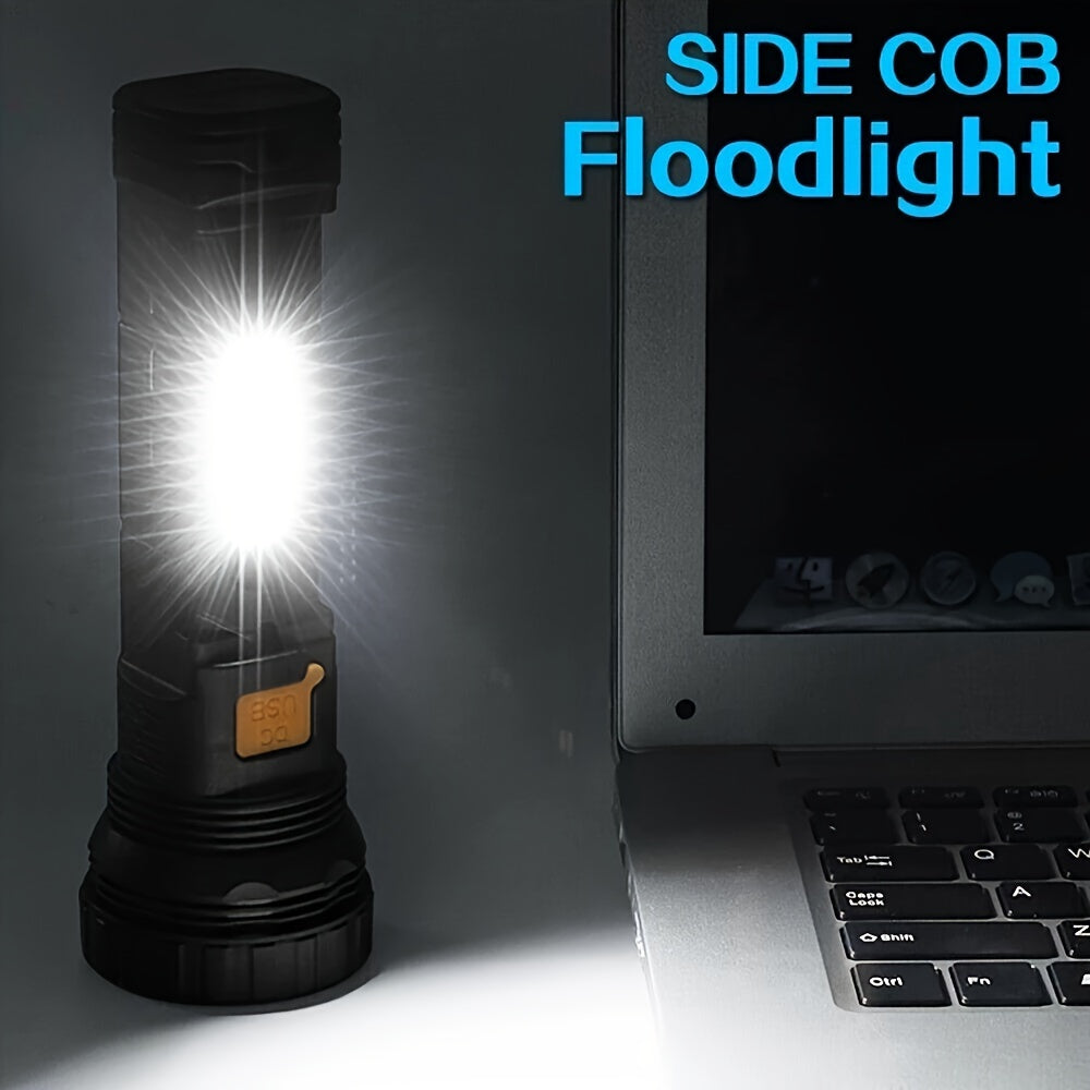 rechargeable solar flashlight with COB side light, USB rechargeable, multifunctional, 3 modes, perfect for outdoor exploration, camping, hiking, home safety, and emergency situations (including battery)
