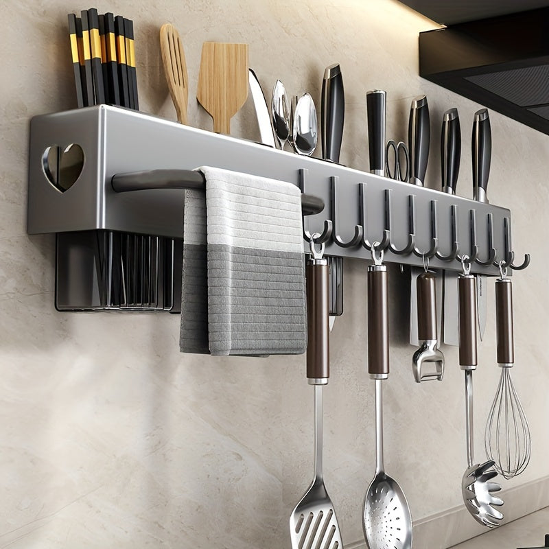 Space-Saving 1pc Multi-functional Metal and Plastic Wall-Mounted Kitchen Utensil Rack, No-Drill Cutlery Storage Shelf, Easy to Install Kitchen Organizer for Kitchen Tools and Accessories