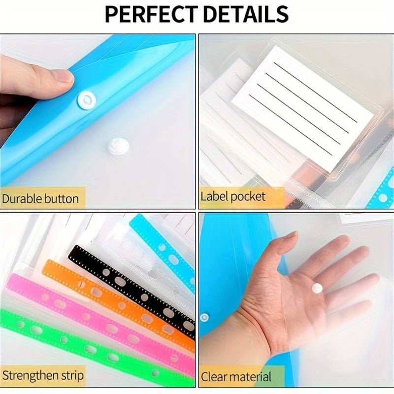 12pcs/6pcs A4 Large Capacity Loose-Leaf File Pockets with 11-Hole Binder Rings, Modern PP Material, Expandable Button And Label Pockets, Suitable for School, Home, Office, Attendance, Travel - Portable Design