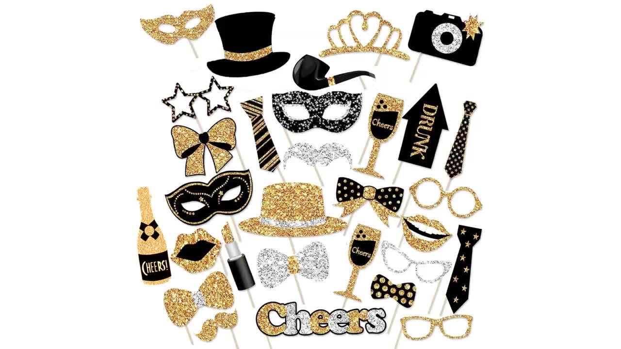 30pcs Glittery Set, Black Party Photo Booth Props, Assorted Accessories, Hats, Lipstick, Ties, Crowns, Paper Props for Celebrations