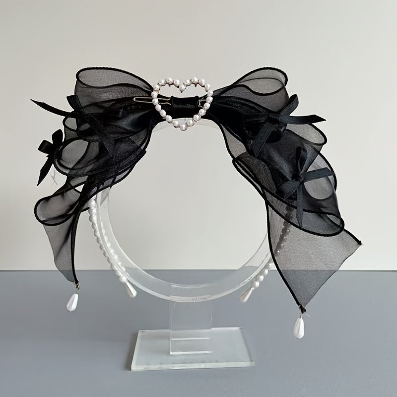 Elegant Light Blue Mesh Bow Headband - Chic, Faux Pearls & Heart Accent, 1pc, Perfect for Women, Parties or Special Occasions