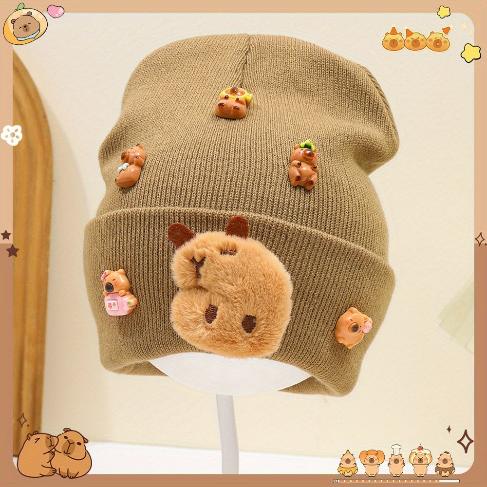 ' Cute Capybara & Floral Winter Hat - Soft & Brown Beanie with Capybara Face & Floral Accents, Cozy Unisex Beanie for Fall/Winter, Perfect for Travel & Gifts, Winter Hat, Gift For, Playful Design, Soft Fabric