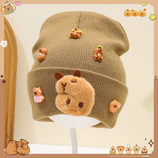 ' Cute Capybara & Floral Winter Hat - Soft & Brown Beanie with Capybara Face & Floral Accents, Cozy Unisex Beanie for Fall/Winter, Perfect for Travel & Gifts, Winter Hat, Gift For, Playful Design, Soft Fabric