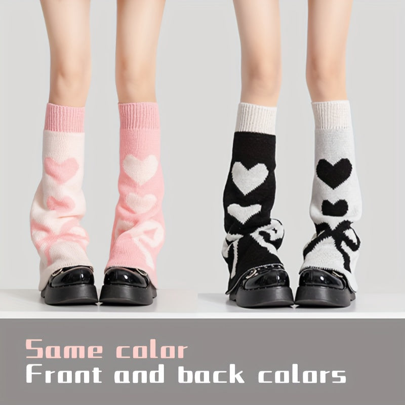 [Punk Knee Socks] Reversible Y2K Punk Gothic Knee High Socks | Lolita Style Heart Pattern, Warm Acrylic Knit Fabric, Women's Autumn Winter Knee Warmers, 90% Acrylic 10% Polyester