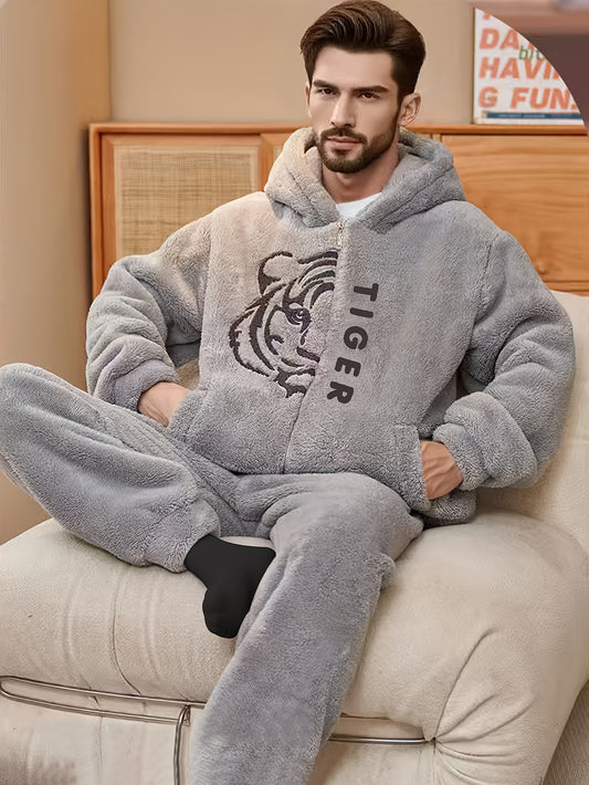 Flannel 2025 Winter New 2-Piece Tiger Embroidered Long Pants Loungewear Set.