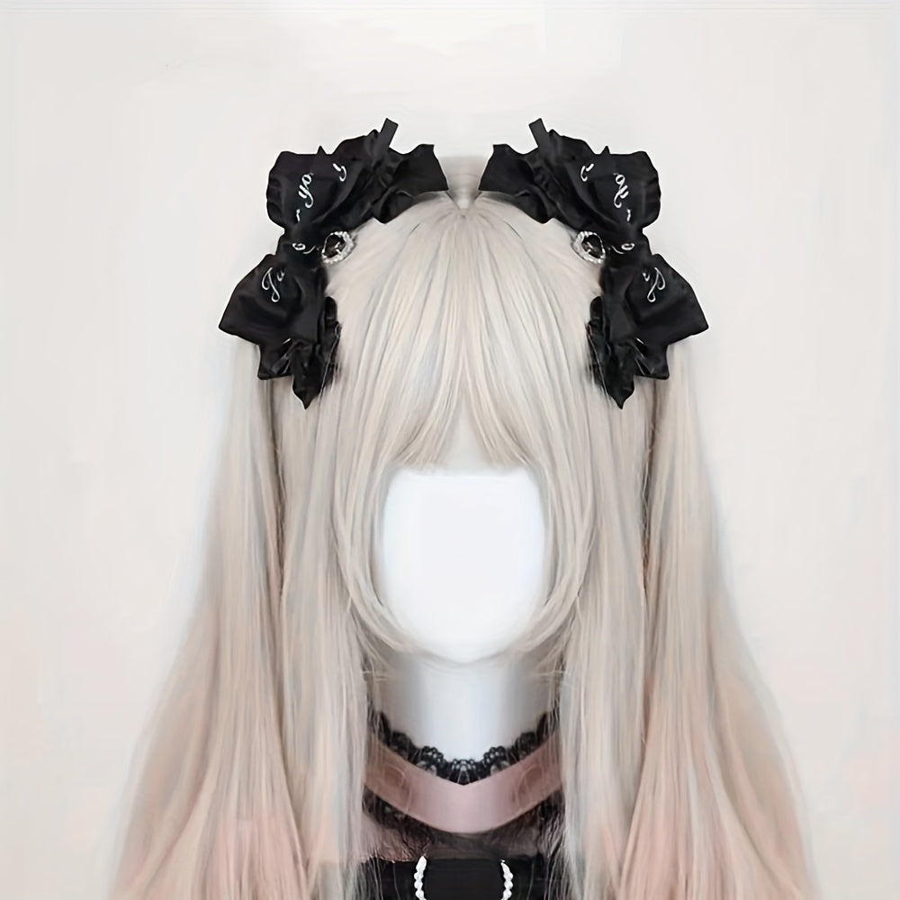 [Cute Hair Clip] Elegant Cute 1pc Fabric Bow Hair Clip | Black and Pink Handmade Japanese Sweet Cool Anime Accessory, Single Piece Color Matching Printed Hair Ring, Hair Accessory