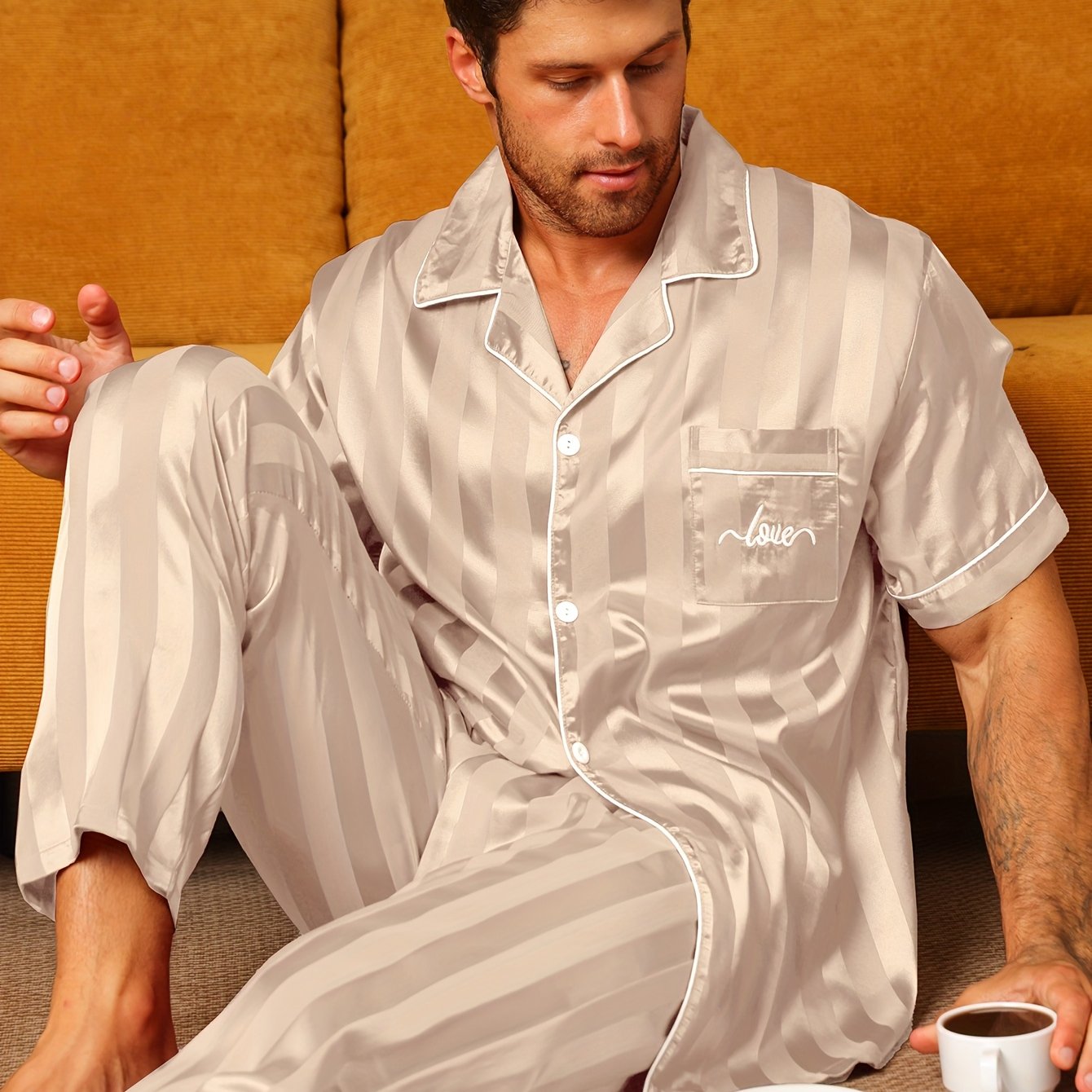 2pcs Men'S Pajama Set Short Sleeve Long Pants Thin Stripes with Embroidered Letters Summer Collar Cardigan Home wear Set