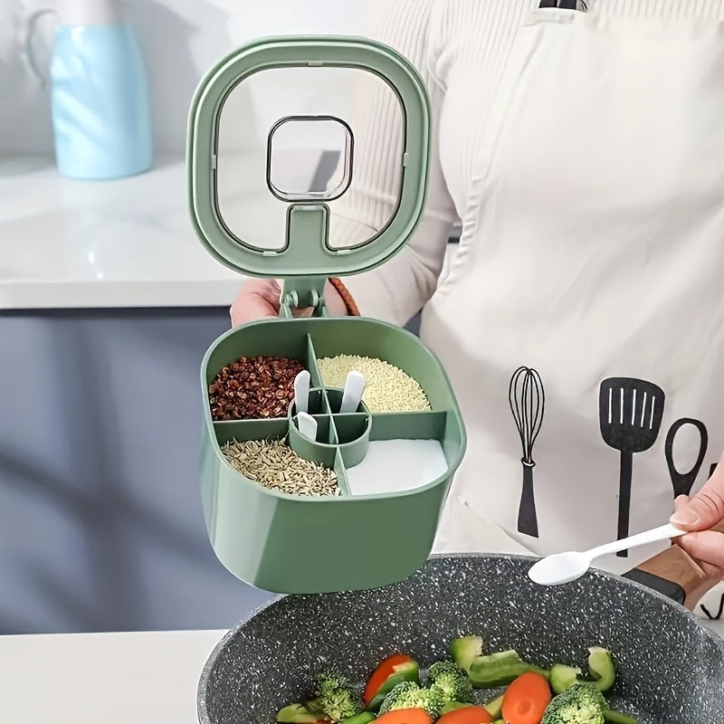 Large Capacity Spice Box with Lid and Spoon - Durable ABS Material, Four-Compartment Integrated Multi-Functional Kitchen Seasoning Container.