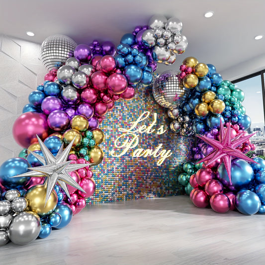 135pcs Disco Balloon Arch Kit - Vibrant Silvery, Blue, Green, Purple & Pink Metallic Foil Balloons for 70s/80s/90s Retro Parties, Birthdays & Celebrations