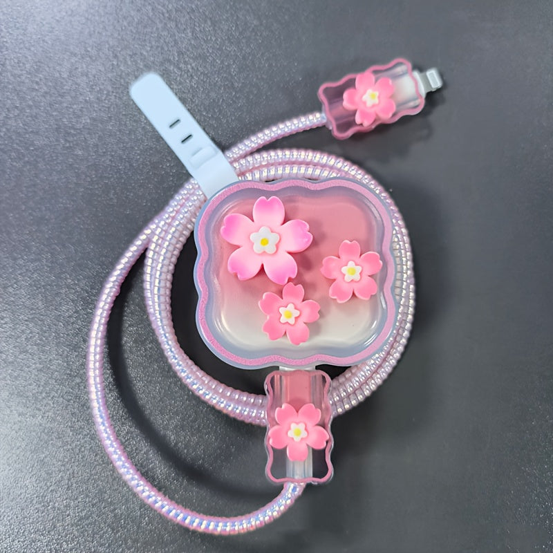 5pcs TPU Flower Cable Protector Set, Anti-Break Cable Saver Case, Compatible with iPhone 25W Charger, No Electronic Components, with No Battery for iPhone Data Line Protection