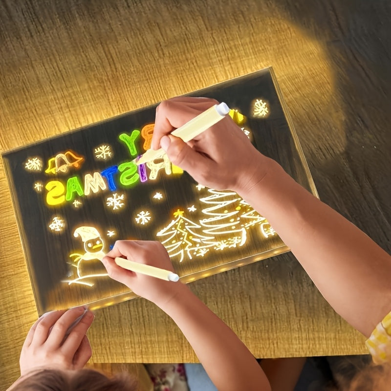 [1pc Luminous LED Drawing Board] 1pc Luminous Drawing Board, Creative Design Transparent Acrylic LED Light Panel, USB Powered Erasable Graffiti Board with 7 Color Markers, Desktop Memo Pad with Stand, Ideal for Home, Office D