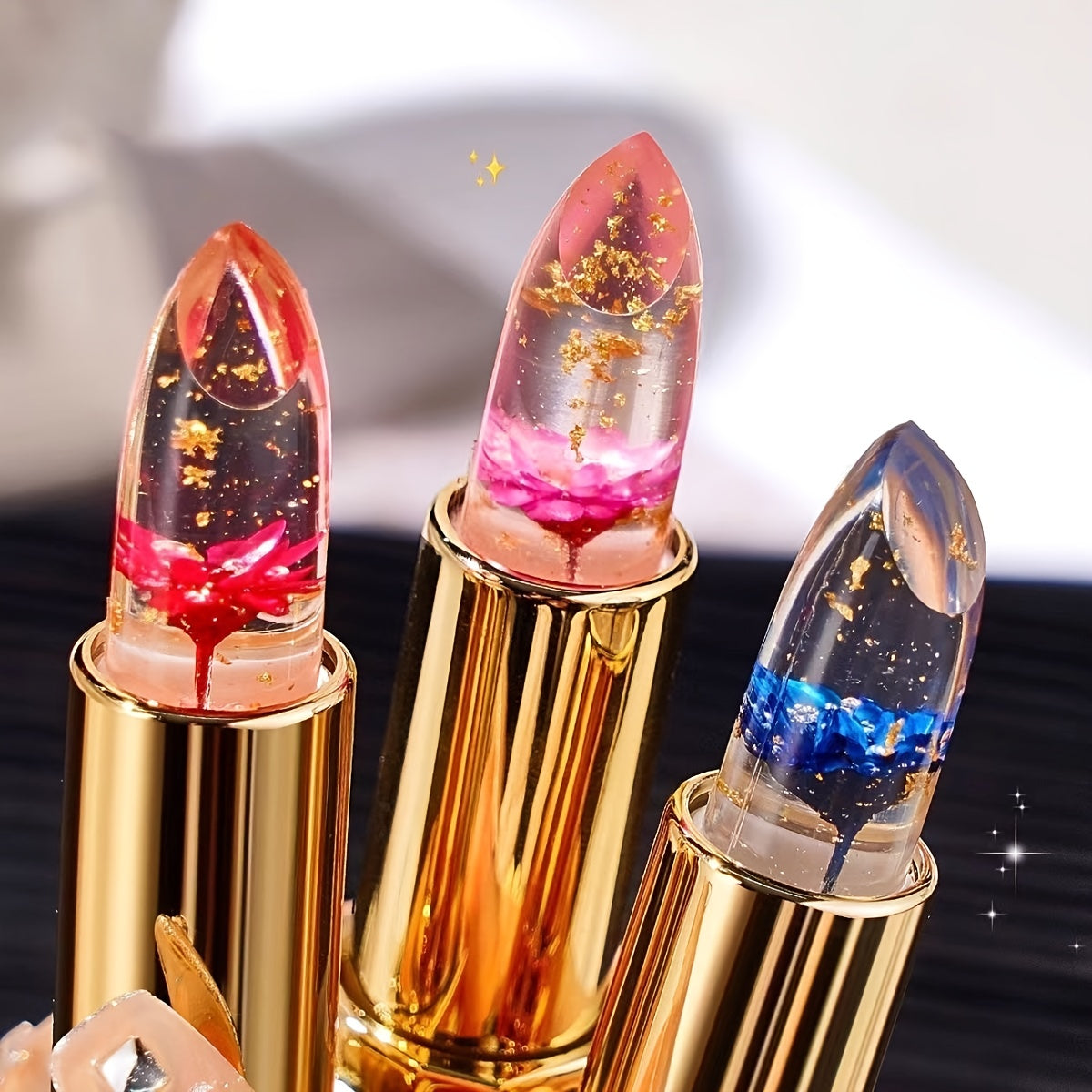 3pcs flower shaped crystal gel lipstick - warm color changing, moisturizing and non mucous membrane, 3 colors, moisturizing and non fading lip gloss
