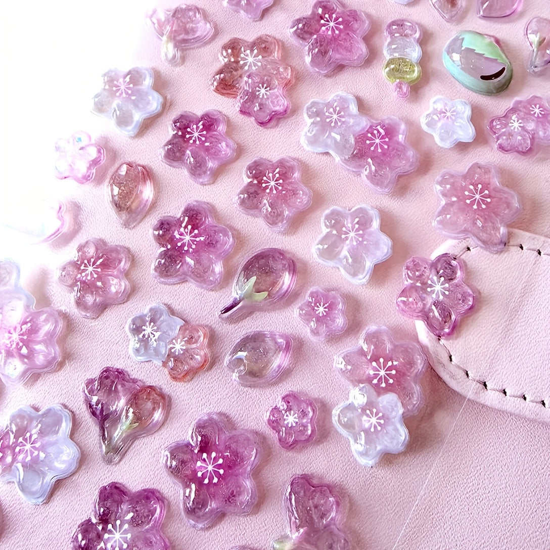 3D Pink Cherry Blossom Embossed Stickers - Waterproof Crystal Floral Decals for Phone Cases, Laptops, Journals, and DIY Crafts, Journal Embellishments | Artistic Stickers | Plastic Construction, Cherry Blossom Wall Stickers