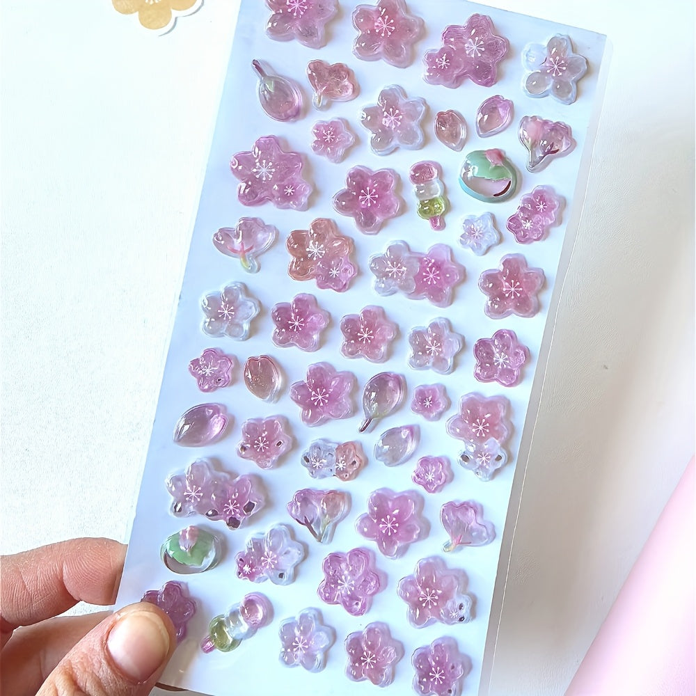 3D Pink Cherry Blossom Embossed Stickers - Waterproof Crystal Floral Decals for Phone Cases, Laptops, Journals, and DIY Crafts, Journal Embellishments | Artistic Stickers | Plastic Construction, Cherry Blossom Wall Stickers