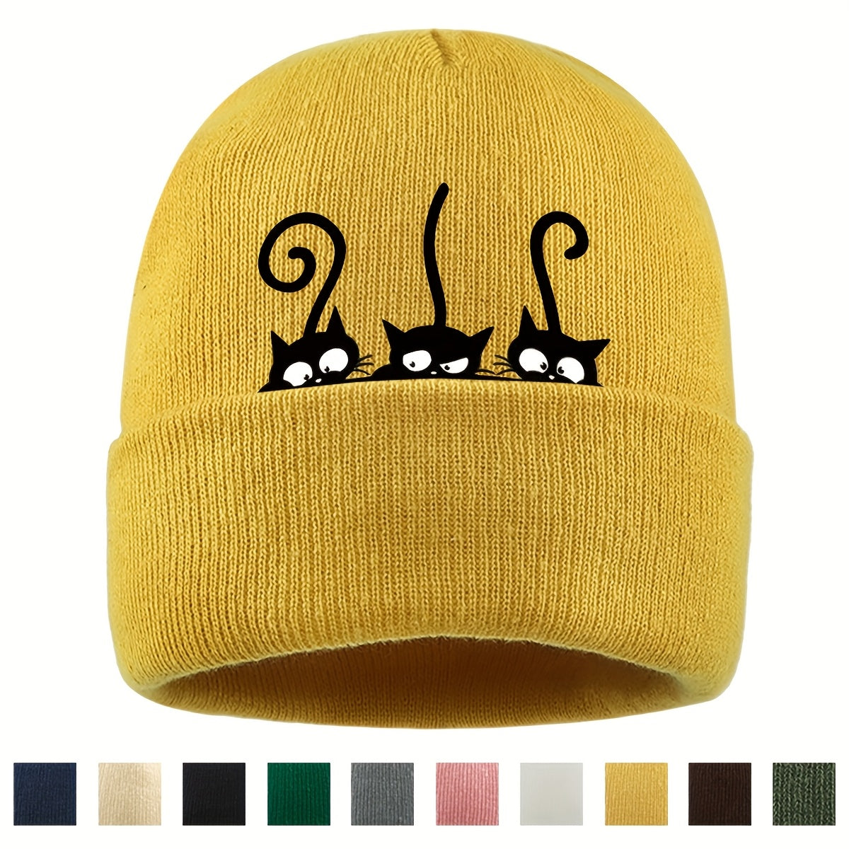 1pc Beanie Hat with Cute Black Cat Print