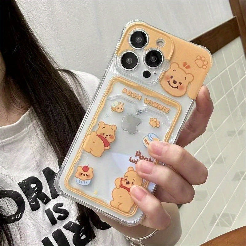 Honey Winnie The Pooh Design with a Slot for Photos And Cards, a Card Holder Phone Case Suitable for Iphone 16, 16 Pro, 16 Pro Max, 15 Pro, 15 Pro Max, 14, 14 Pro Max, 13, 12, 11, XS Max, XR, 7, 8, SE, 12, And 13 Mini.