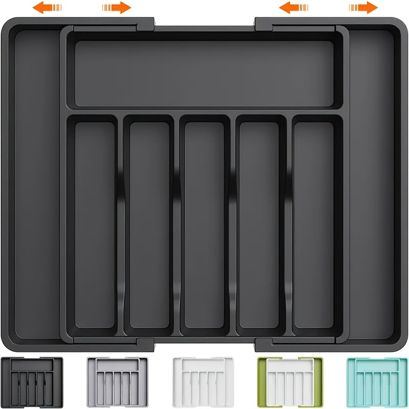 1pc Expandable Kitchen Drawer Organizer for Silverware, Adjustable Plastic Utensil Holder for Spoons, Forks, Knives - Large Capacity Storage Box, Kitchen Drawer Organizer|Sleek Black Finish|Durable Plastic Construction, Utens