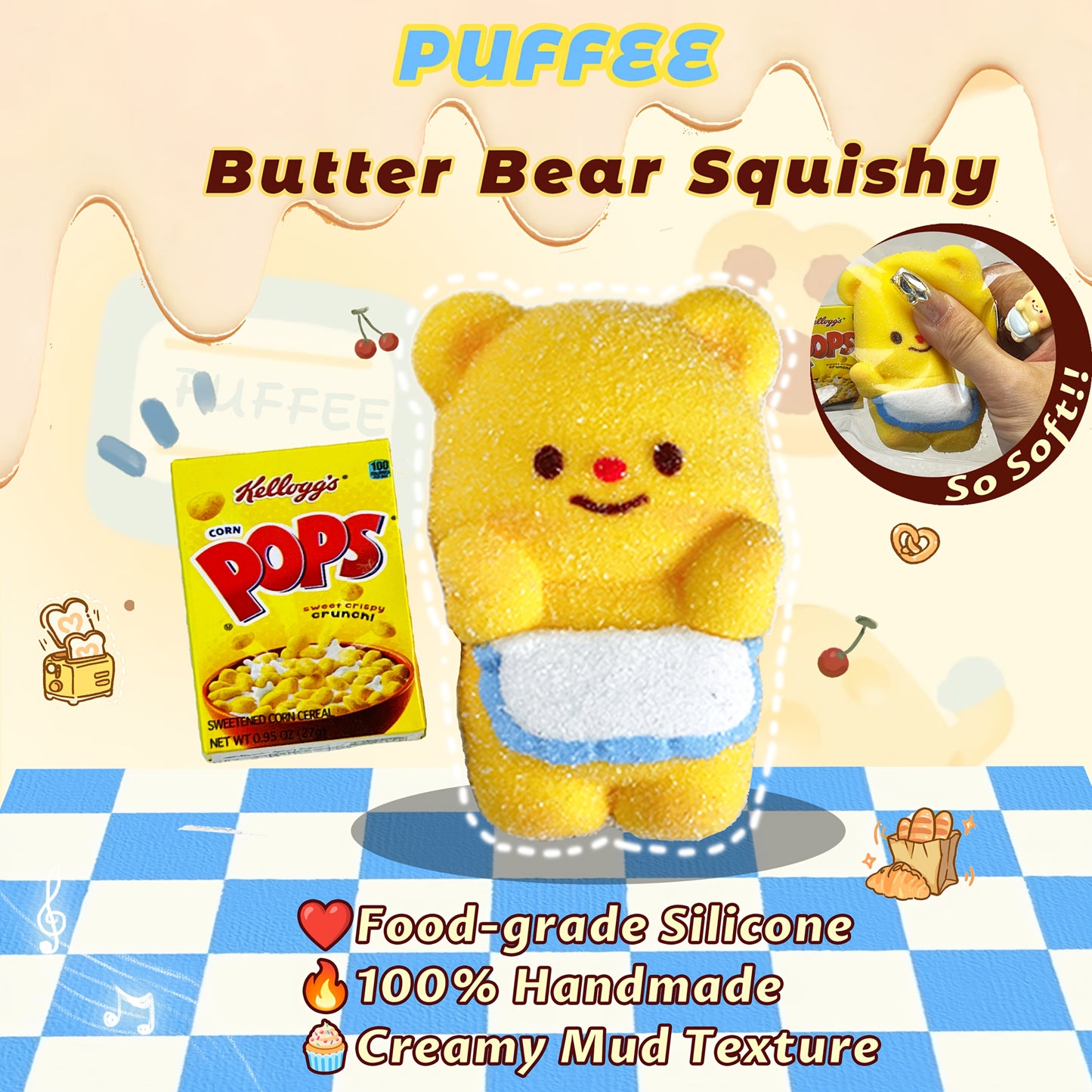 Butter Bear Squishy, Food-grade Silicone squishy, Stress Release Taba Squishy Toy, Creamy Soft Adhesive Toy, Happy Game Pinching Bear Toy, Suitable for Birthday Gift, Slow Rebound Rising