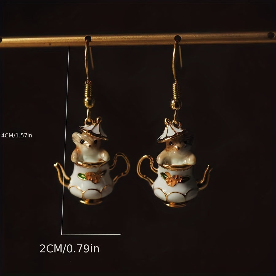 Pair of Whimsical Teapot & Mouse Enamel Dangle Earrings - Elegant Vintage-Inspired Zinc Alloy, Golden-Tone Finish for Casual Attire, Quirky Earrings
