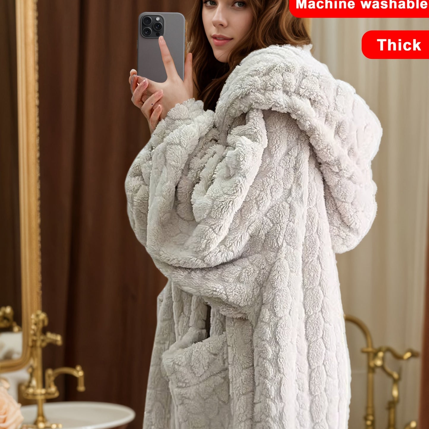 Cozy Coral Fleece Hooded Robe for Women - Long, Warm & Soft Lounge Dress with Pockets, Machine Washable - Perfect for Fall/Winter