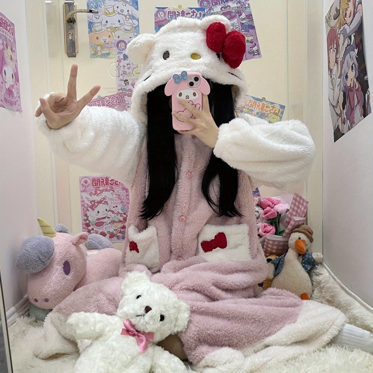 Mother's Day Gift Sanrio New Hello Kitty Women's Autumn Winter Warm Pink Coral Fleece Home Robe.