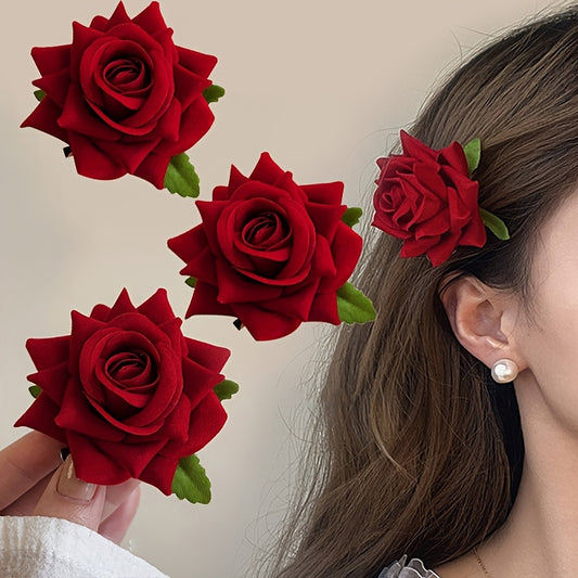 Vintage Casual 3pcs Red Rose Fabric Hair Clips - Side Bangs Duckbill Clip Accessories for Women