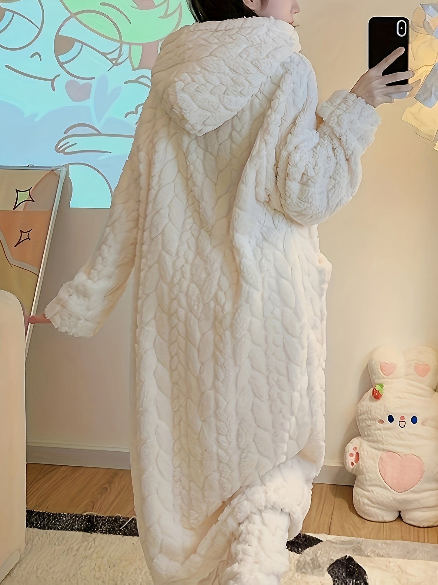 Cozy Coral Fleece Hooded Robe for Women - Long, Warm & Soft Lounge Dress with Pockets, Machine Washable - Perfect for Fall/Winter