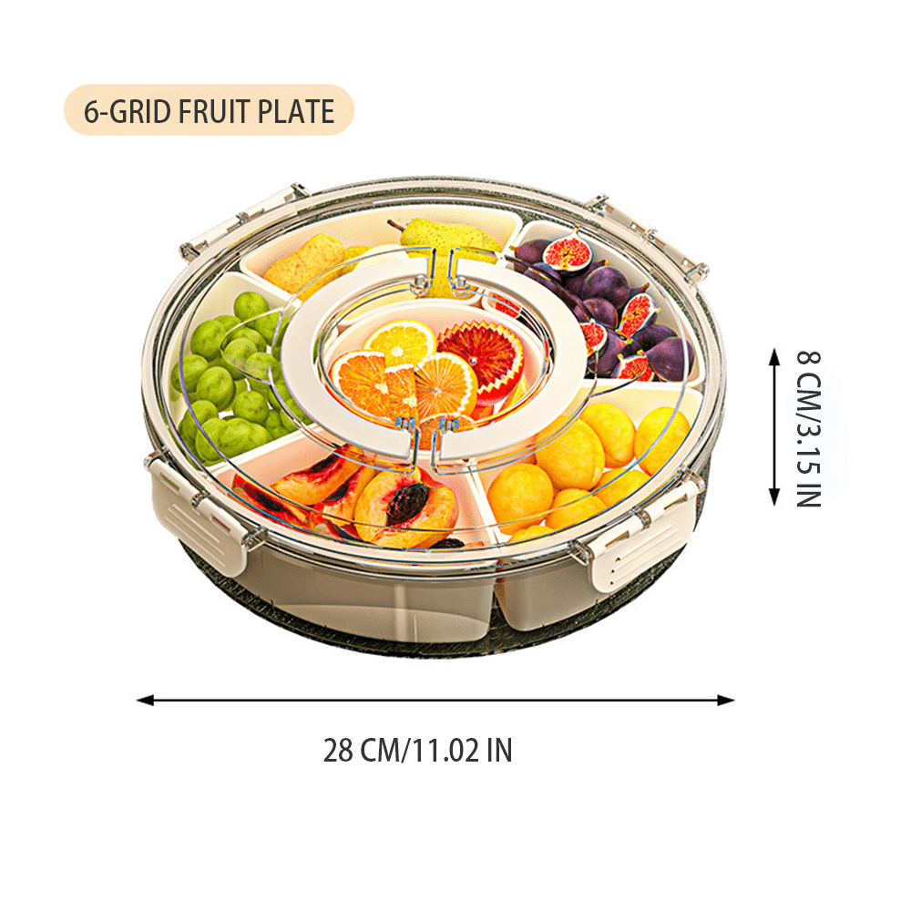 Rotating Snack Containers, High Capacity Divided Fruit Veggie Tray with 6 Compartments,