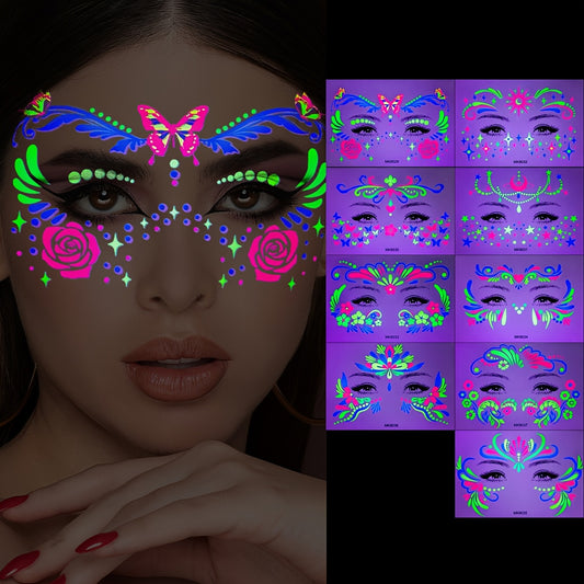 9 Sheets Neon Temporary Tattoos, Blacklight Waterproof Tattoo Stickers, Facial & Body Art Makeup for Night Parties, Music Festivals, and Events, Various Design