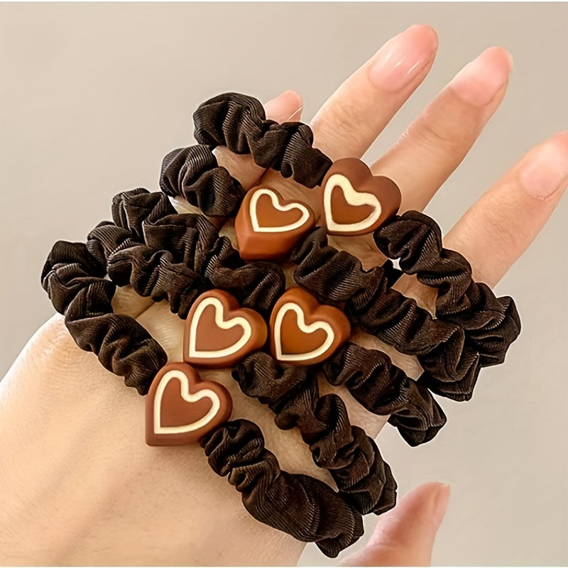 10pcs Cute Coffee Color Love Pendent Hair Rope | Elastic Rubber Hair Bands Hair Ties Bowknot Hair Accessories for Women