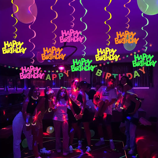 16pcs Vibrant Neon Happy Birthday Decoration Set - Glow-in-the-Dark Paper Spiral Hangings & Colorful Ribbon Swirls, Perfect for Festive Party Atmosphere, Birthday Party Decorations