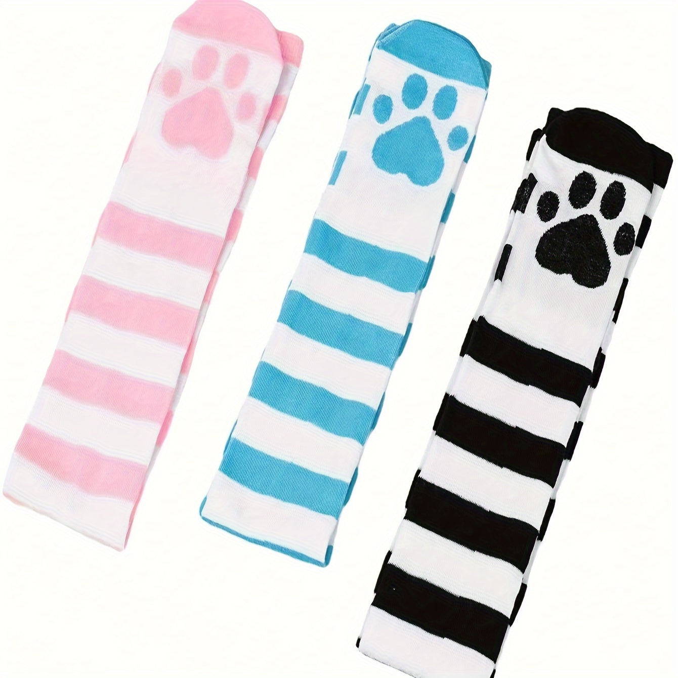 Anime-Inspired Striped Over-The-Knee Socks with Paw Print - Polyester Knit Fabric, Comfortable Thigh High Cosplay Stockings, Hand Washable - 1 Pair