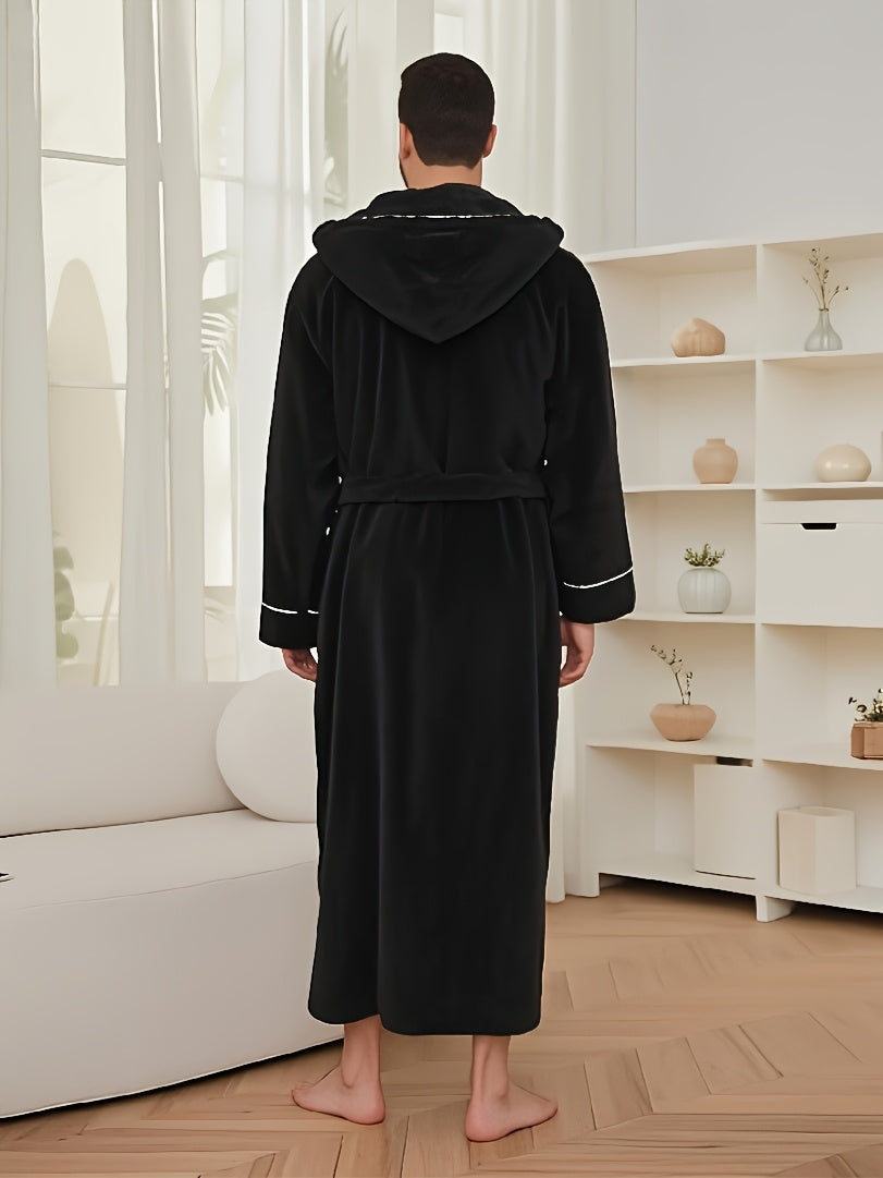 Luxurious Men's Black Fleece Bathrobe with Colour-Block Design. - Soft, Comfortable Long Sleeve Hooded Robe with Belt Detail, Machine Washable.