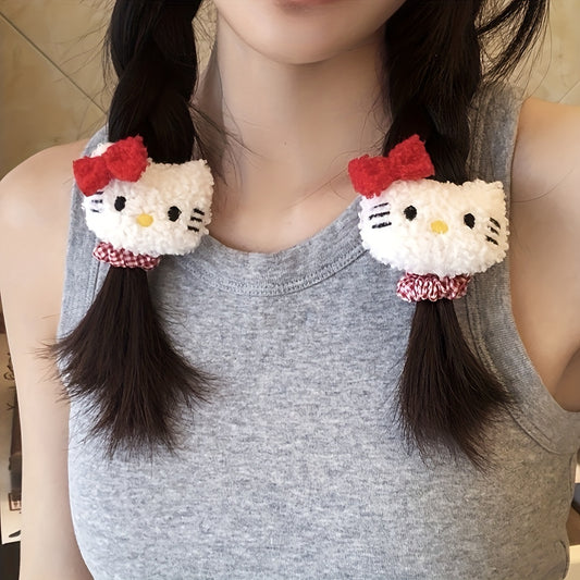 Sanrio Hello Kitty Flannellette Hair Rope, Cute Cartoon Animal Double Ponytail Holder, Retro Plaid Hair Loop for Girls, Color Matching Design, Single Piece