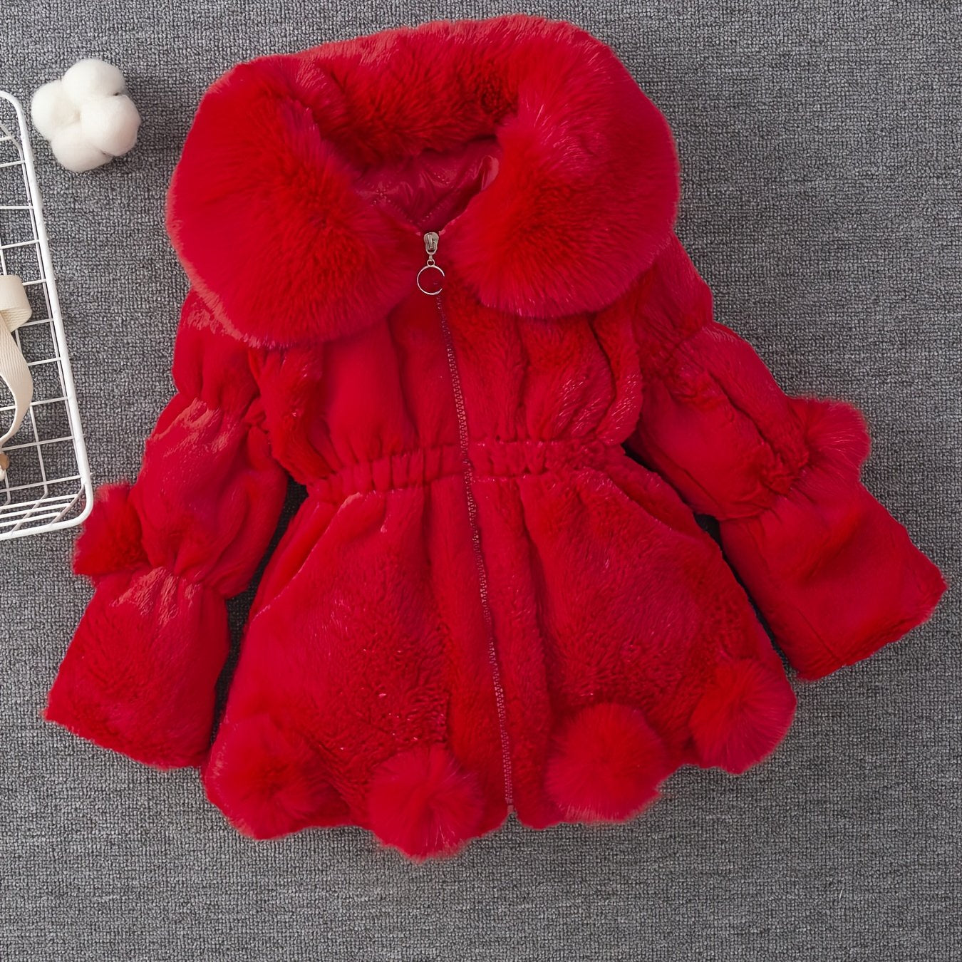 Girls' Winter Coat with Plush Fur-Lined Hood - Thick Fleece-Lined Zipper Front, Flared Hem & Pom-Pom Details, Cute Solid Color Outerwear for Fall/Winter, Cozy Warm Jacket for Cold Weather, Cozy Winter Wear, Playful Design, So