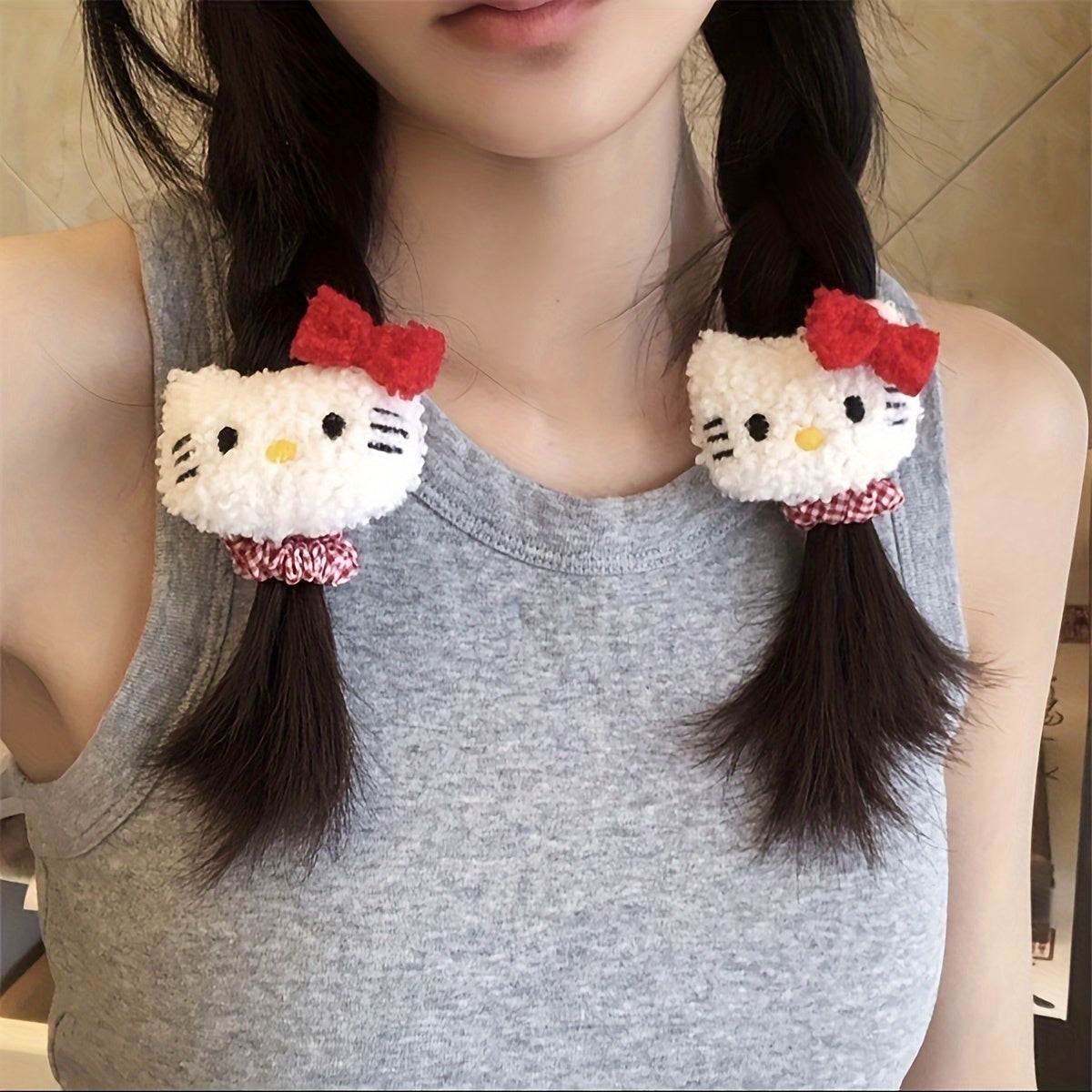 1pc of sweet Kitty cat hair clip headband, cute retro plaid hair loop, double ponytail doll braided hair rope