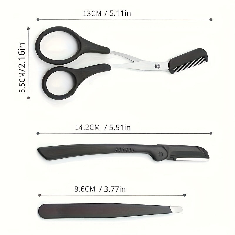 This Is a Versatile Grooming Kit Featuring a Stainless Steel Eyebrow Set That Includes Scissors with a Comb, a Tweezer, And a Razor, Suitable for Both Men And Women. It Is an Unscented Exfoliating Facial Tool And Comes with O