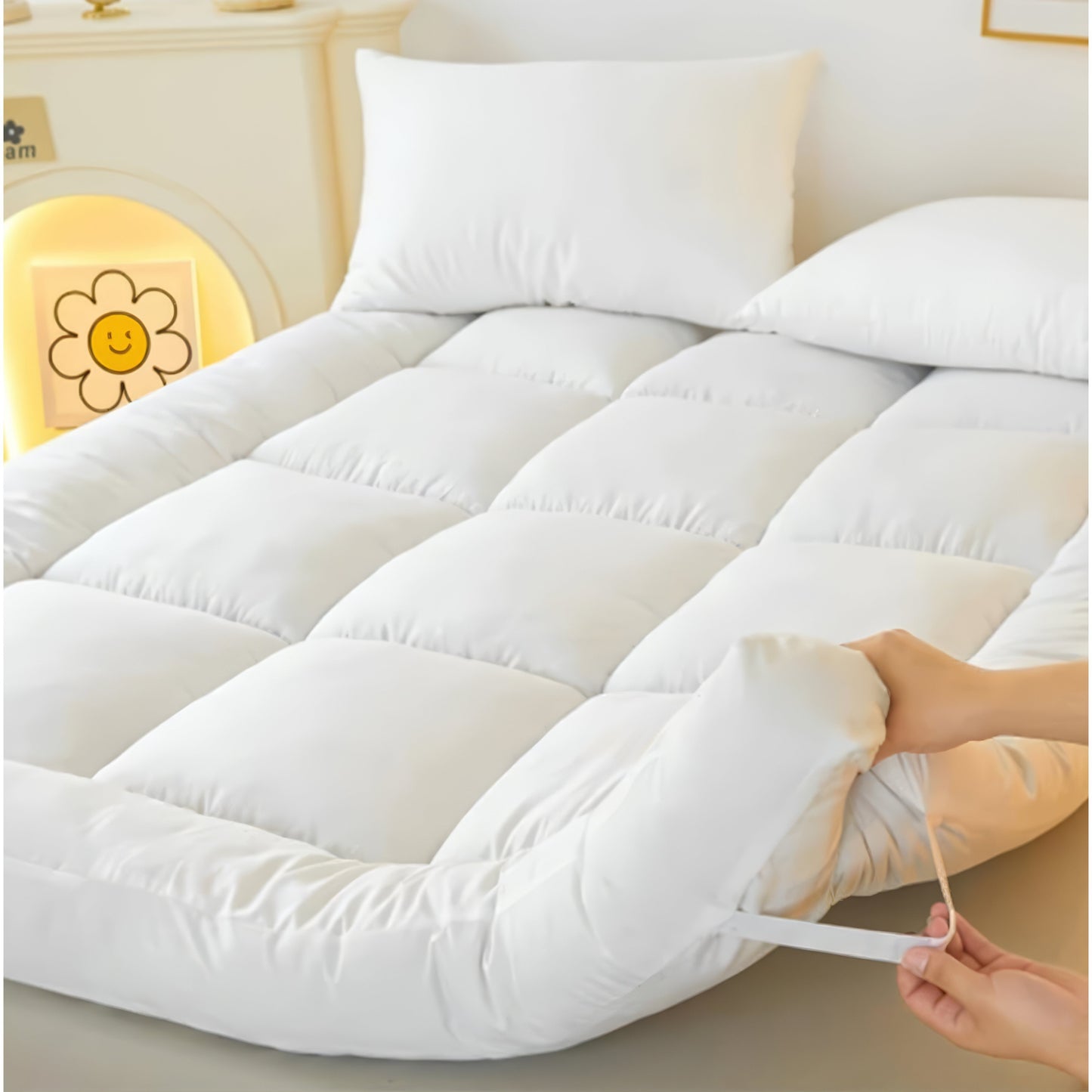 Hotel Quality Mattress Topper 10cm / 4 inch Thick Filling with Elasticated Straps in Single, Small Double (4Ft), Double, King, Super King Size
