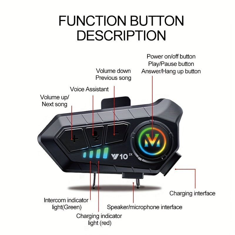 Wireless Motorcycle Helmet Intercom, 2-Rider 300M Range, Noise Reduction Earphone, Music Sharing, Call Control, Type-C Charging, 1000mAh Lithium Polymer Battery, Plastic Material, No Charger Included