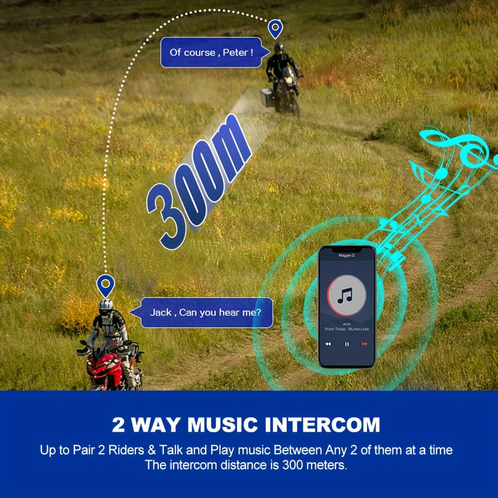 Wireless Motorcycle Helmet Intercom, 2-Rider 300M Range, Noise Reduction Earphone, Music Sharing, Call Control, Type-C Charging, 1000mAh Lithium Polymer Battery, Plastic Material, No Charger Included