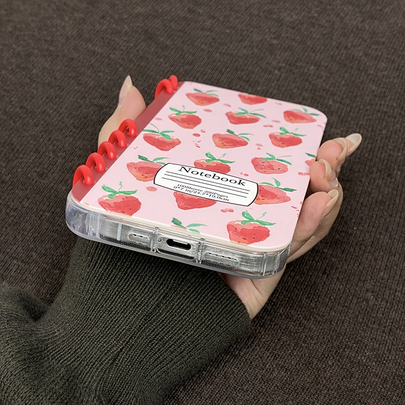 TPU Material New Book Flip Style Pink Background Strawberry Print Mobile Phone Case Suitable for Apple Series 11, 12, 13, 14, 15, 16pro mox Samsung Series 23, 24UItra