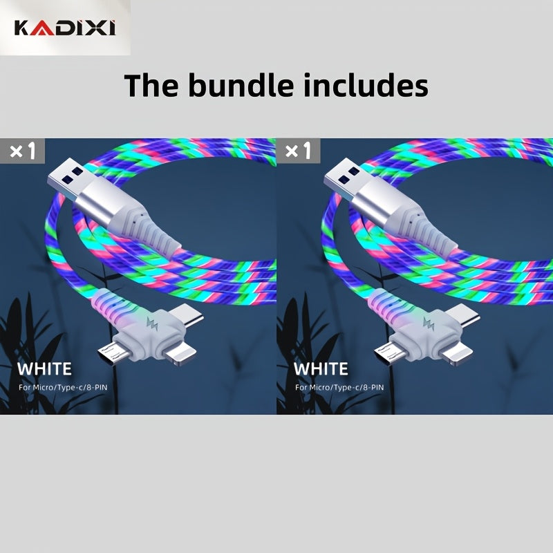3-in-1 Flowing Glow Cable - Fast Charging Micro USB Type-C for iPhone 14, 13, 12, 11 Pro Max, XS, XR, SE 8, 7, 6 | Compatible with Samsung, Xiaomi, Oppo, Vivo, Lenovo | 1M Length, 10-20W Output, ≤36V, 1M Charging Cable | Vi