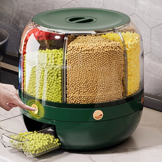 Large Capacity Rotating Waterproof Plastic Storage Container with Flip Top Lid, Multipurpose Grain Dispenser for Kitchen Organization and Storage of Cereal, Nuts, Flour, and Rice