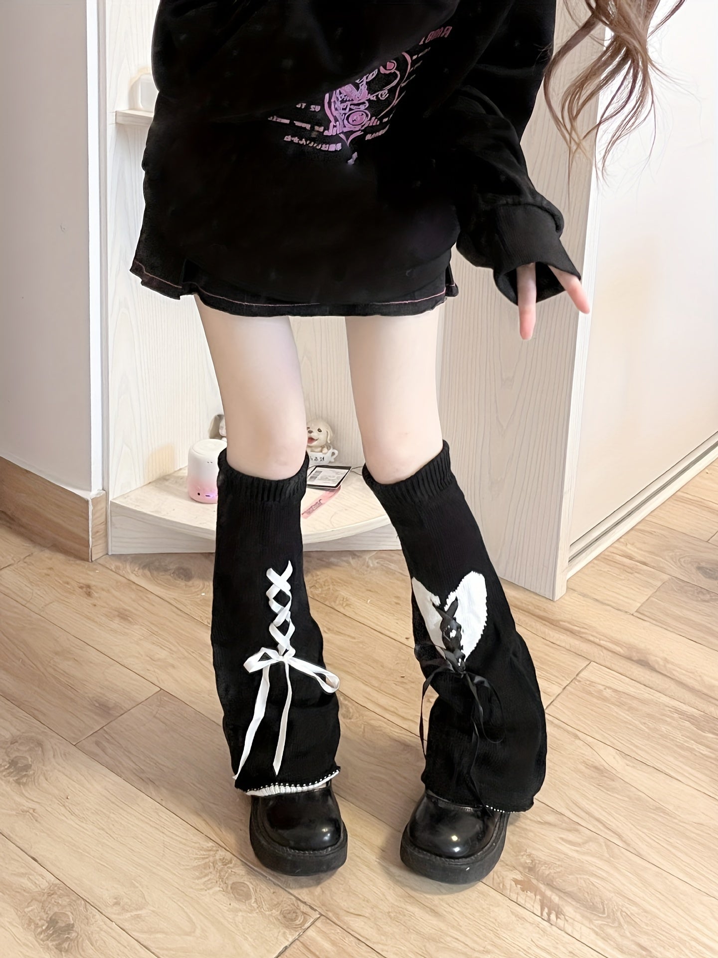 Kawaii Lace Up Leg Warmers, JK Style Knitted Knee High Socks For Fall & Winer, Women's Stockings & Hosiery