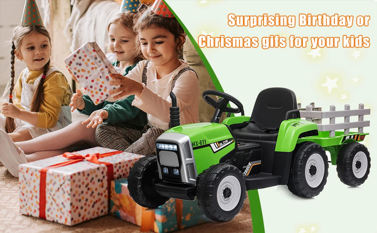 Ride on Tractor and Trailer 12V Battery Powered Electric Kids Toy Car with Remote, Lights, USB, Music Ride on Car for Children