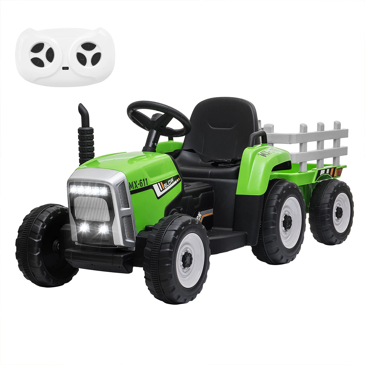 Ride on Tractor and Trailer 12V Battery Powered Electric Kids Toy Car with Remote, Lights, USB, Music Ride on Car for Children