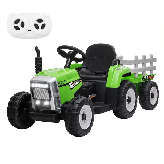 Ride on Tractor and Trailer 12V Battery Powered Electric Kids Toy Car with Remote, Lights, USB, Music Ride on Car for Children