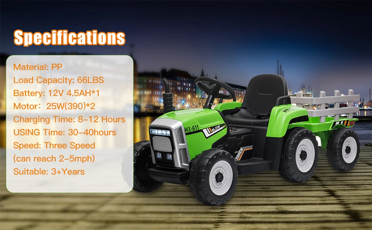 Ride on Tractor and Trailer 12V Battery Powered Electric Kids Toy Car with Remote, Lights, USB, Music Ride on Car for Children